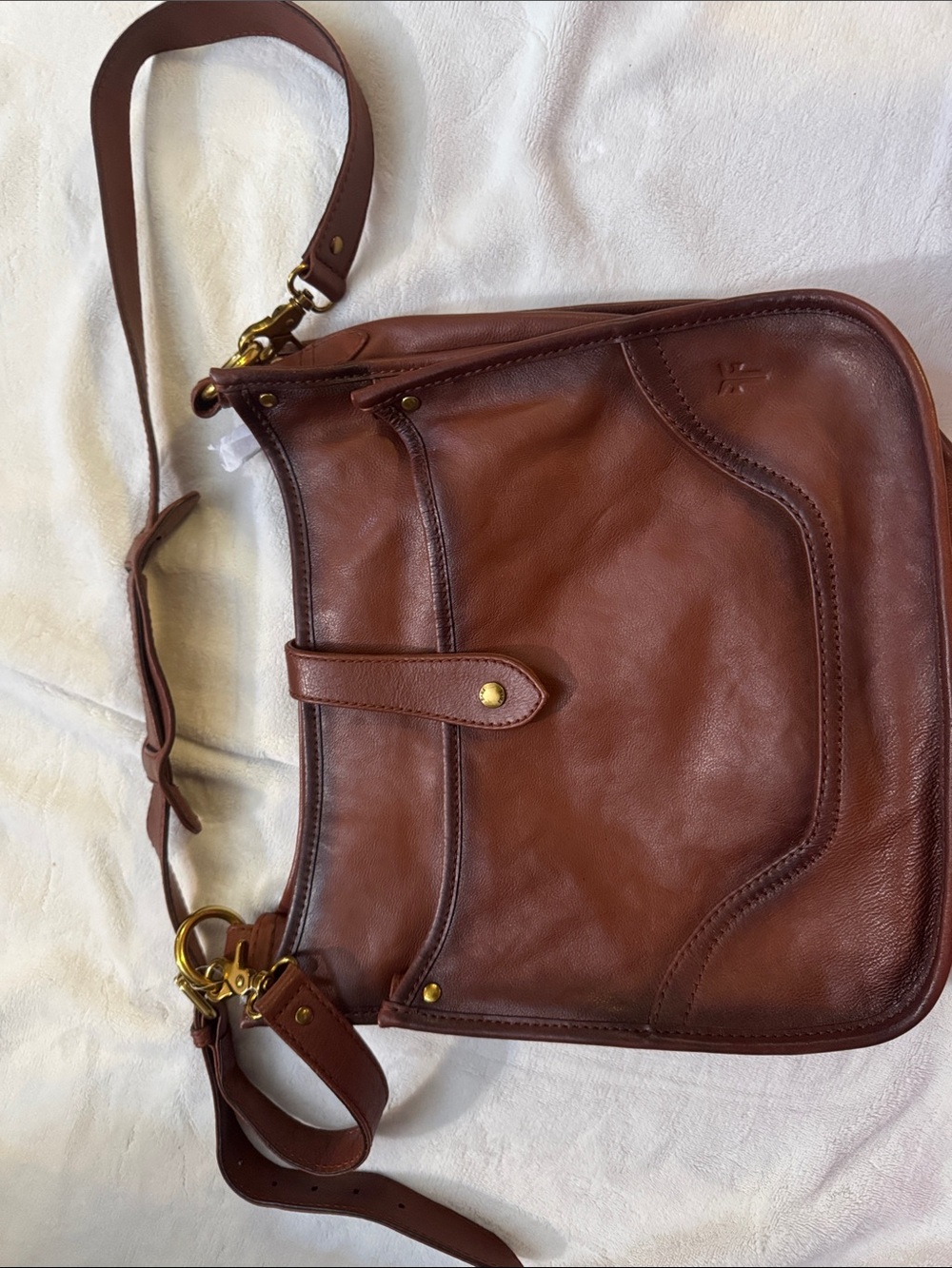 Frye Chestnut Brown Leather Messenger Bag with Brass Hardware